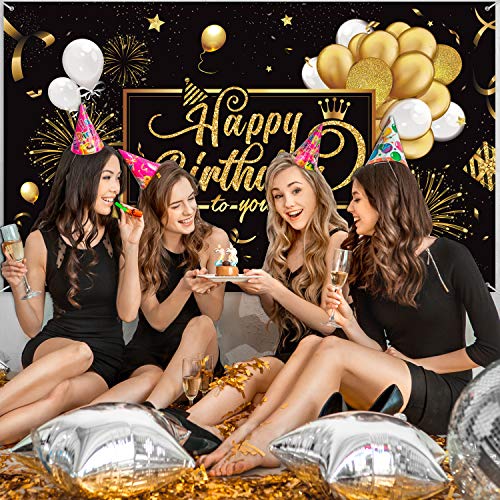 Happy Birthday Backdrop Banner Large Black Gold Balloon Star Fireworks Party Sign Poster Photo Booth Backdrop for Men Women 30th 40th 50th 60th 70th 80th Birthday Party Decorations, 72.8 x 43.3 Inch Happy Birthday Backdrop Banner Large Black Gold Balloon Star Fireworks Party Sign Poster Photo Booth Backdrop for Men Women 30th 40th 50th 60th 70th 80th Birthday Party Decorations, 72.8 x 43.3 Inch